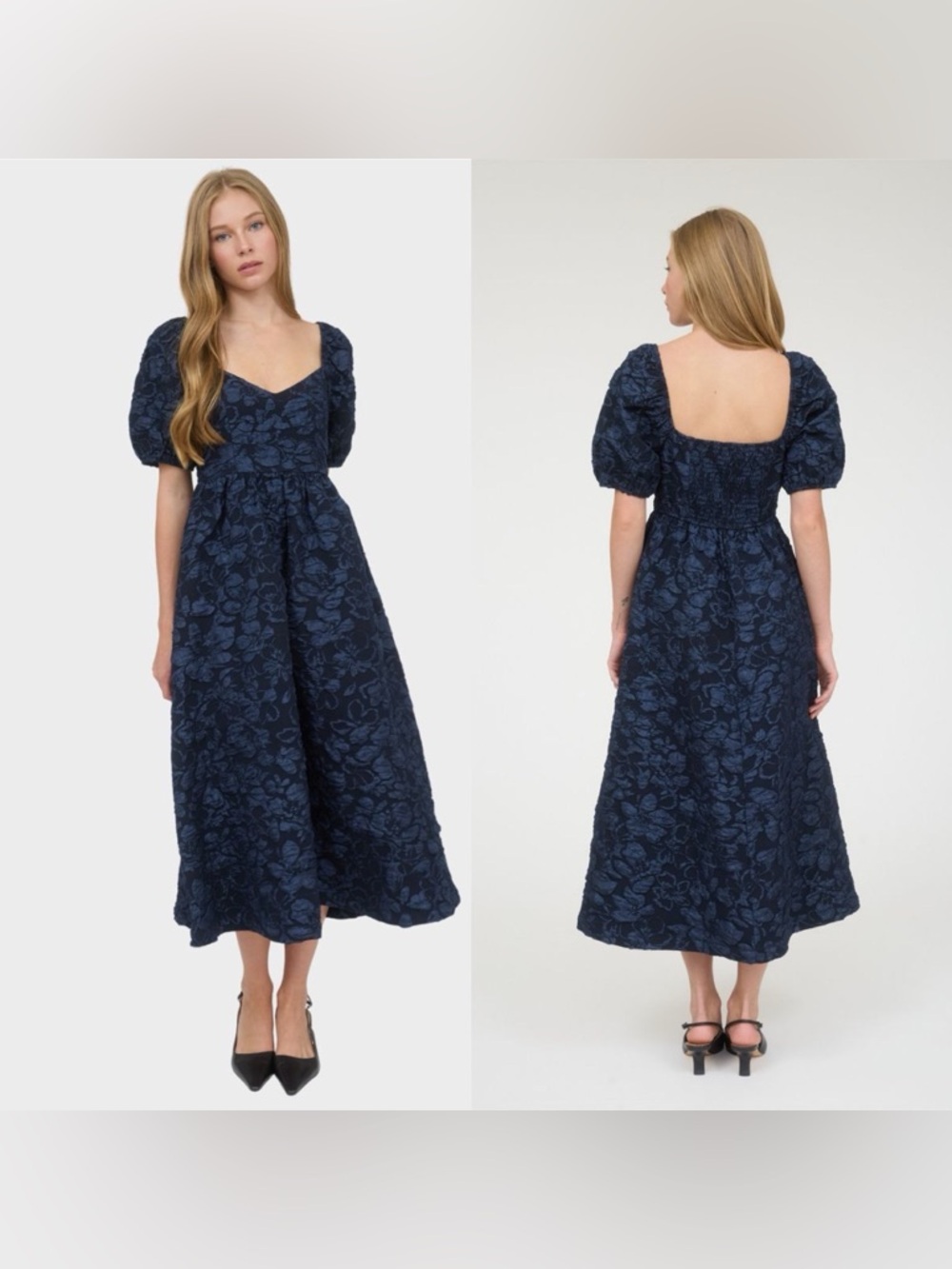 August Sky Floral Jacquard Sweetheart Neck Puff Sleeve Midi Dress Size L